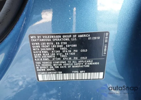 2019 Volkswagen Atlas 3.6L V6 S from USA, damaged, VIN 1V2GR2CA6KC531188